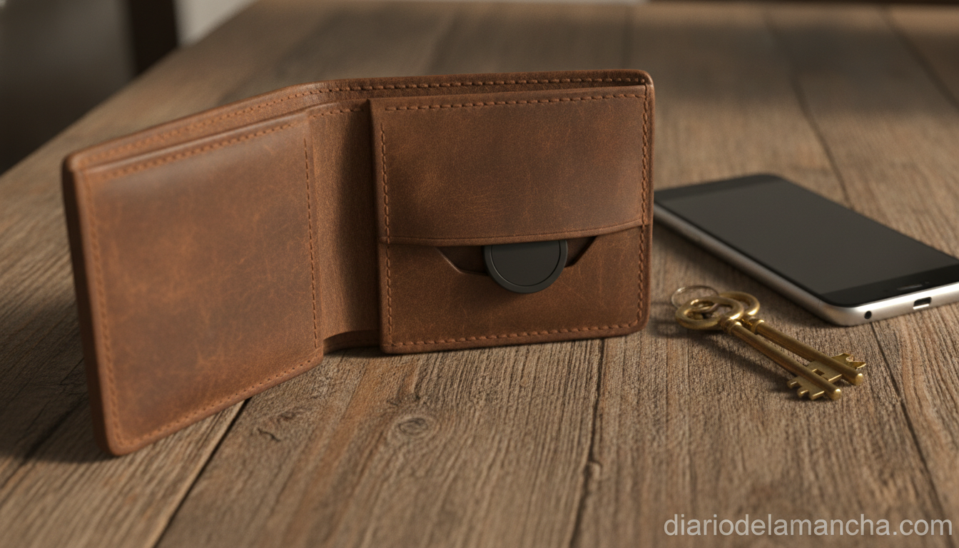 Cartera de cuero con compartimento para localizador AirTag junto a llaves