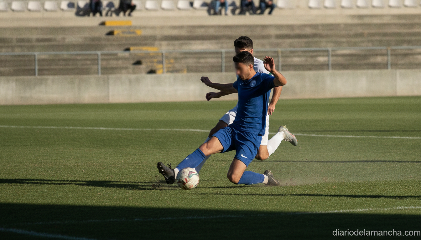 Wide shot of an amateur regional football match, a player in a generic plain dark kit (no visible logos or sponsor names) ...
