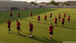 Realistic photojournalistic wide shot of a Spanish regional amateur football (Tercera RFEF) preseason training session at ...
