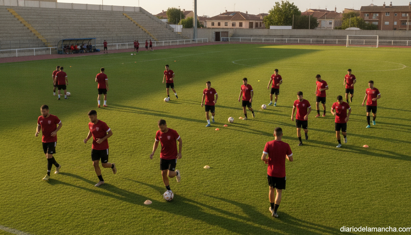 Realistic photojournalistic wide shot of a Spanish regional amateur football (Tercera RFEF) preseason training session at ...