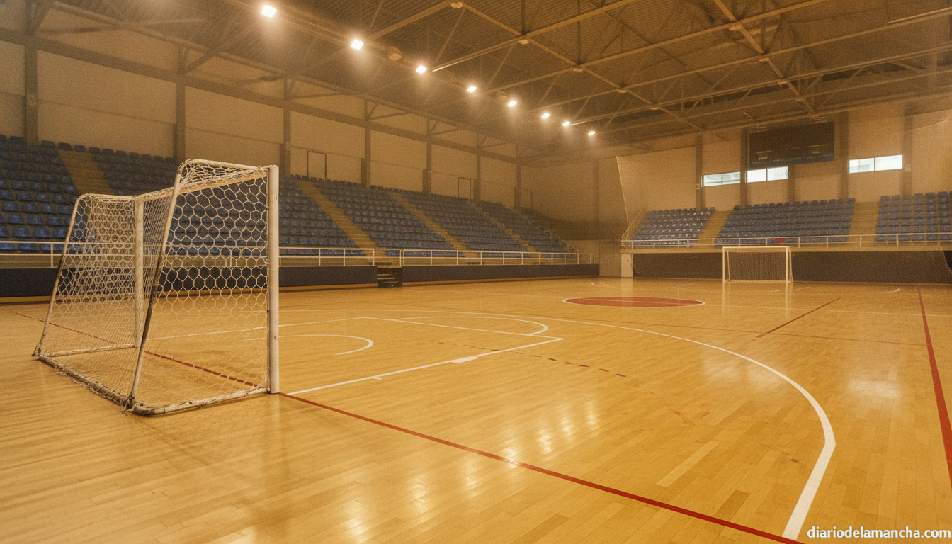 Journalistic photo of an indoor futsal court in Spain, empty stands, polished wooden court with painted lines, futsal goal...