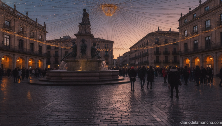 Realistic photojournalistic photo of a grand European city square at dusk with a classical stone fountain monument in the ...