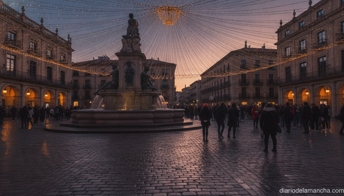 Diario de Castilla-La Mancha 1 Realistic photojournalistic photo of a grand European city square at dusk with a classical stone fountain monument in the ...