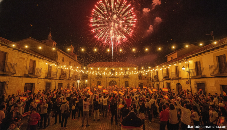 Nighttime street celebration in a small Spanish town square, families and crowds cheering with red and yellow Spain flags,...