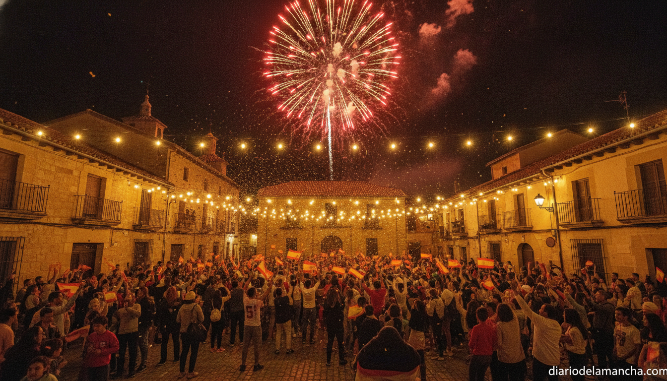 Nighttime street celebration in a small Spanish town square, families and crowds cheering with red and yellow Spain flags,...