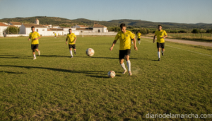 Football players training on a grass pitch in a small Spanish town, sunny day, realistic photography style, action shot wi...