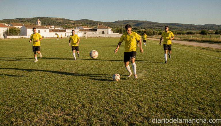 Football players training on a grass pitch in a small Spanish town, sunny day, realistic photography style, action shot wi...