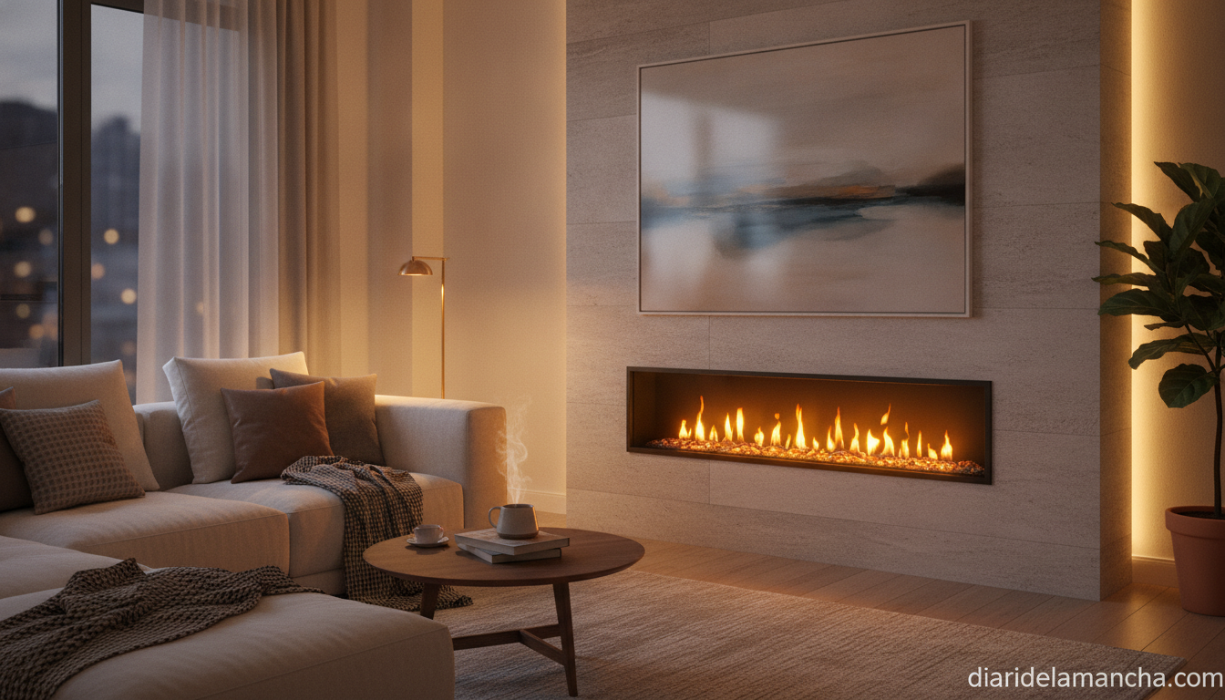 Chimenea eléctrica con efecto llama LED en un salón moderno