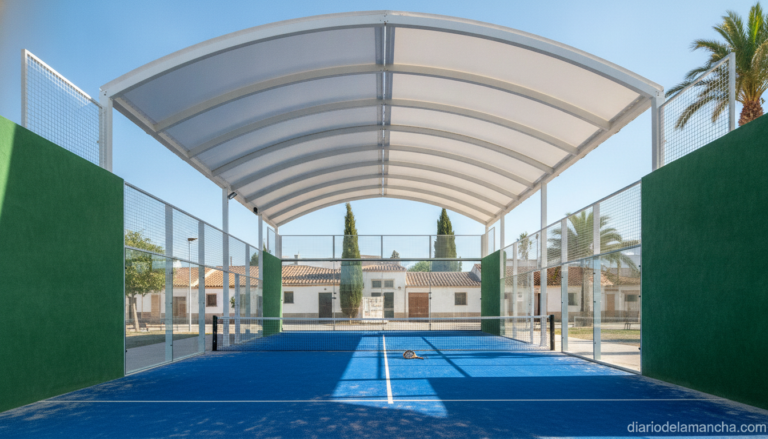 Outdoor padel court with a new modern covered roof structure, blue and green padel walls, glass panels, sunny summer day, ...