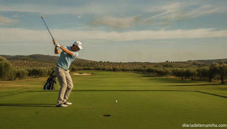 Realistic photojournalism-style photo of a male golfer mid-swing on a golf course fairway in Spain, green grass, blue sky ...