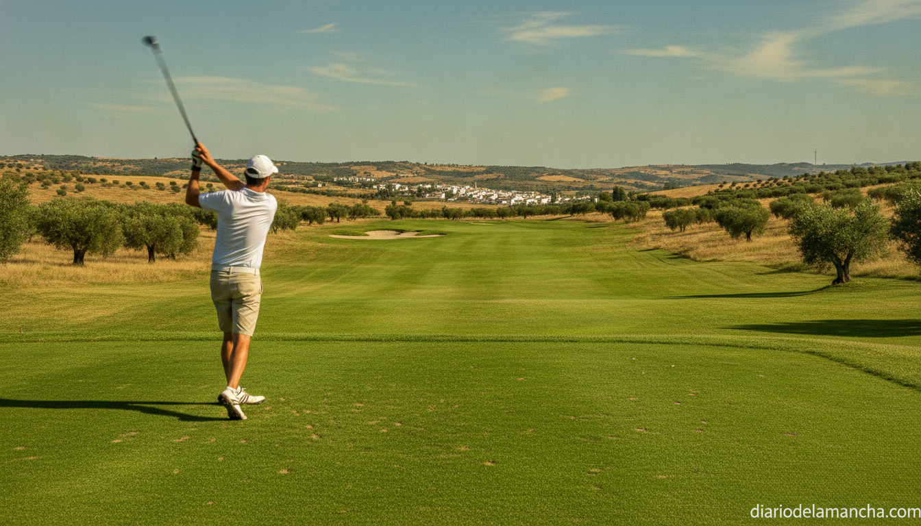 Wide shot of an amateur golfer mid-swing on a golf course fairway in Castilla-La Mancha, Spain, sunny afternoon, green gra...
