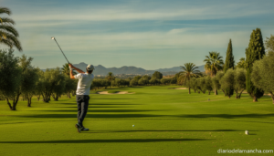 Golf scene at a golf course in Spain, a golfer mid-swing on the fairway with green grass and trees in the background, natu...
