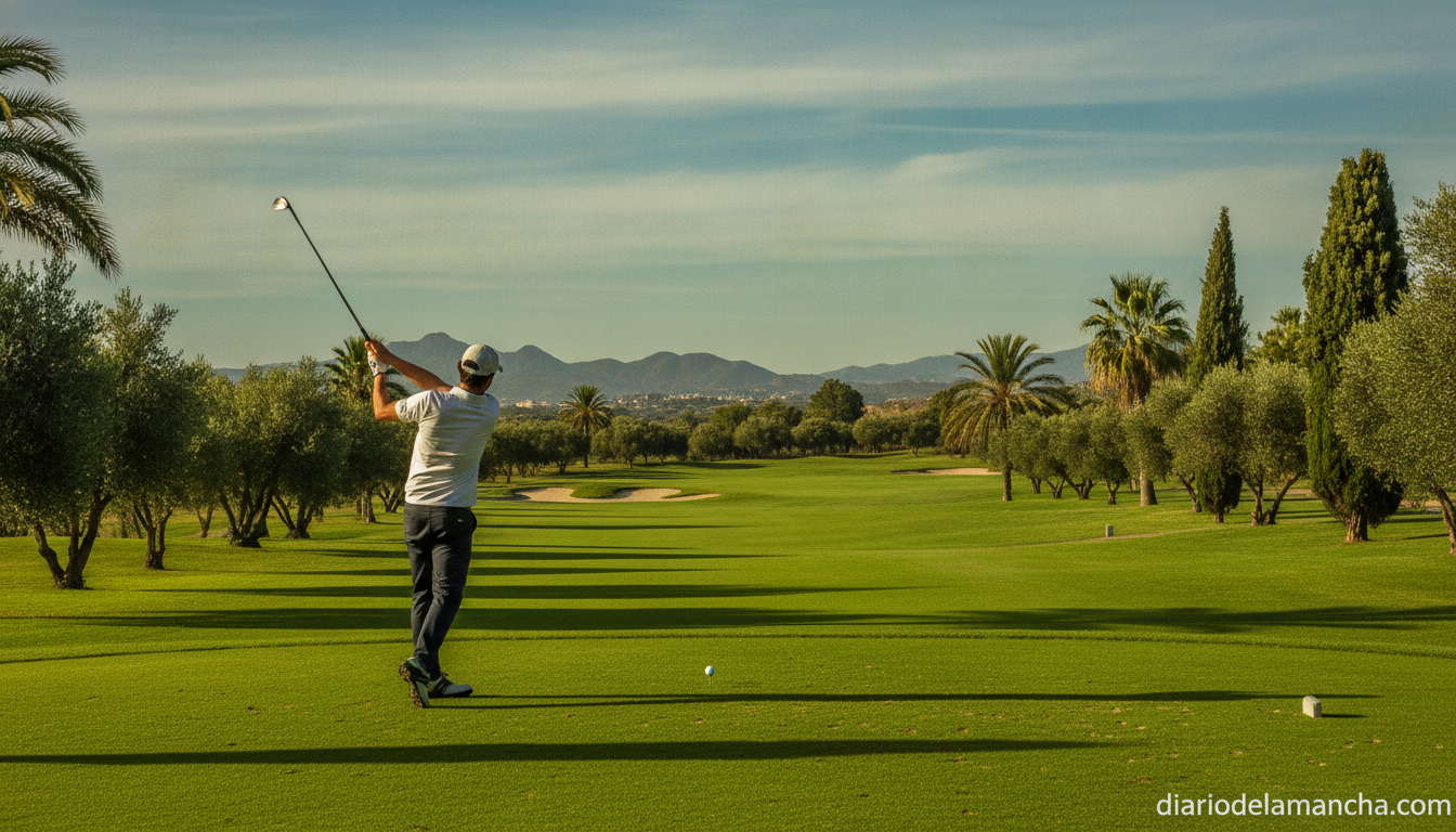 Golf scene at a golf course in Spain, a golfer mid-swing on the fairway with green grass and trees in the background, natu...
