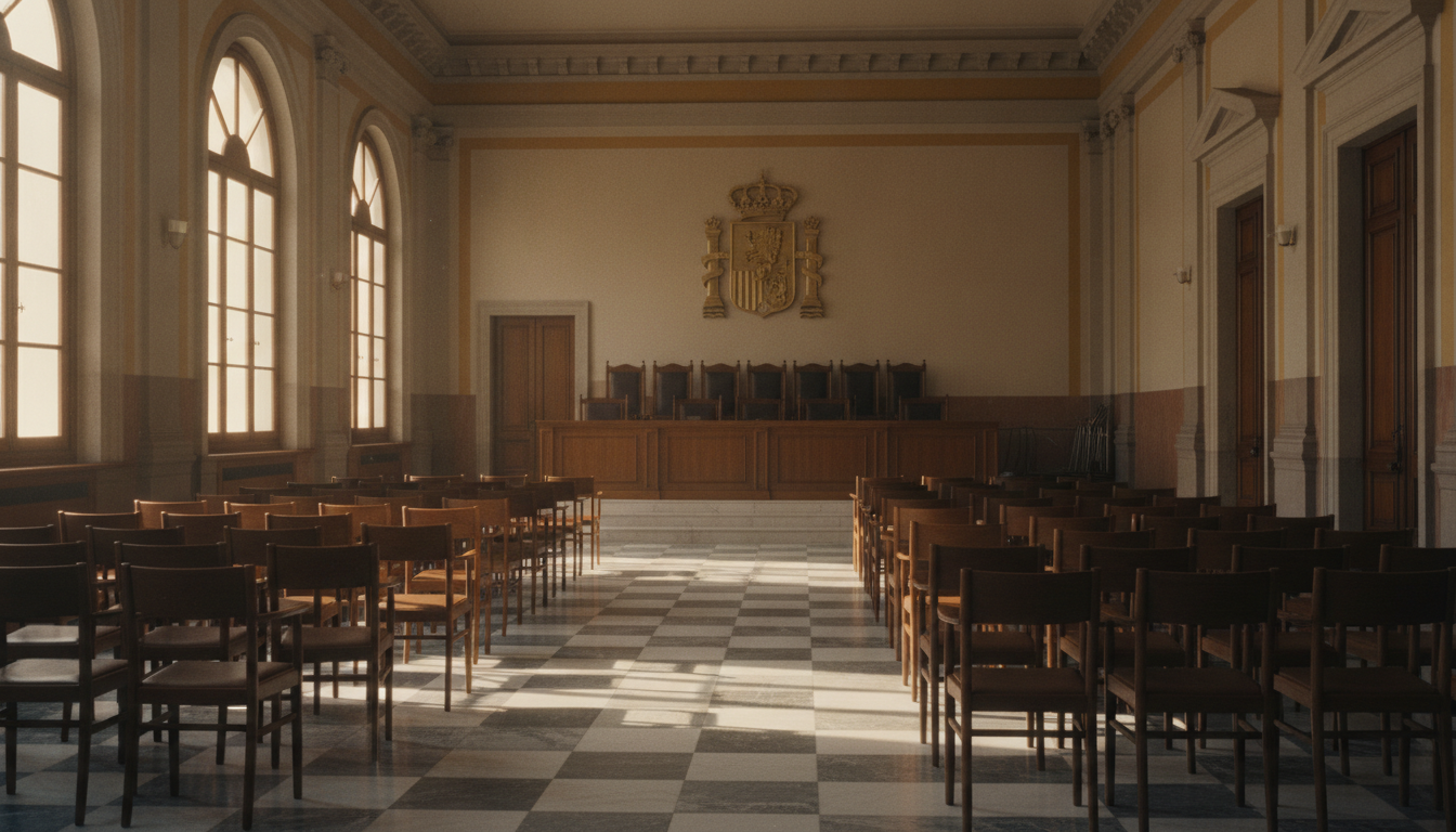 Realistic photojournalistic image of an empty assembly hall in a Spanish regional government administrative building, rows...