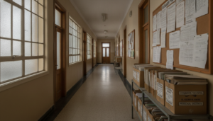 Fotografia periodistica realista de un pasillo de oficina administrativa educativa con tablon de anuncios y carpetas archi...