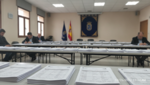 Fotografía periodística realista de un salón de actos administrativo de una delegación de educación española, con mesas, f...