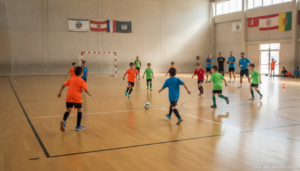 Niños jugando al fútbol sala en el pabelón durante el IV Clínic de Verano de Miguelturra
