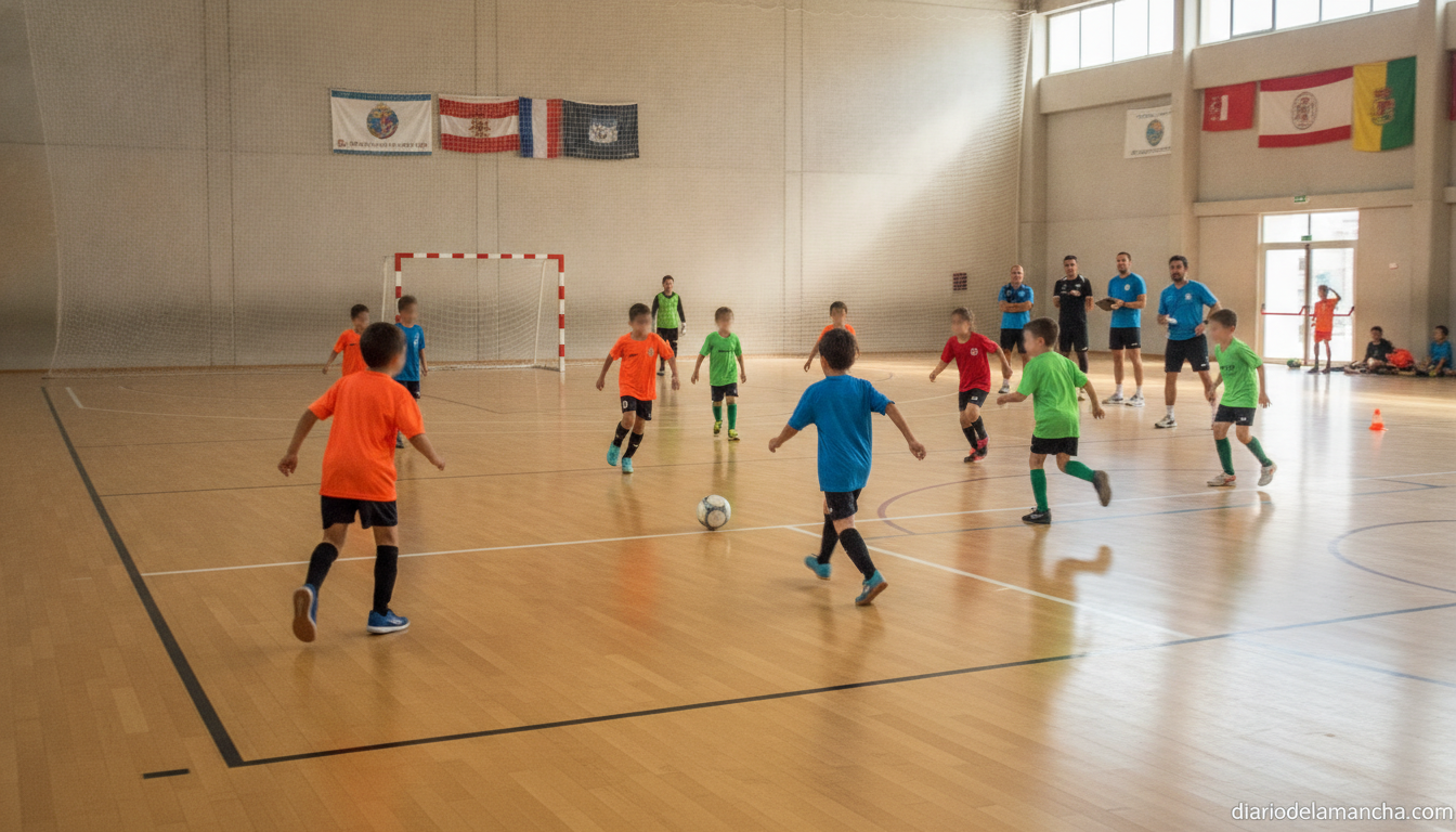 Niños jugando al fútbol sala en el pabelón durante el IV Clínic de Verano de Miguelturra