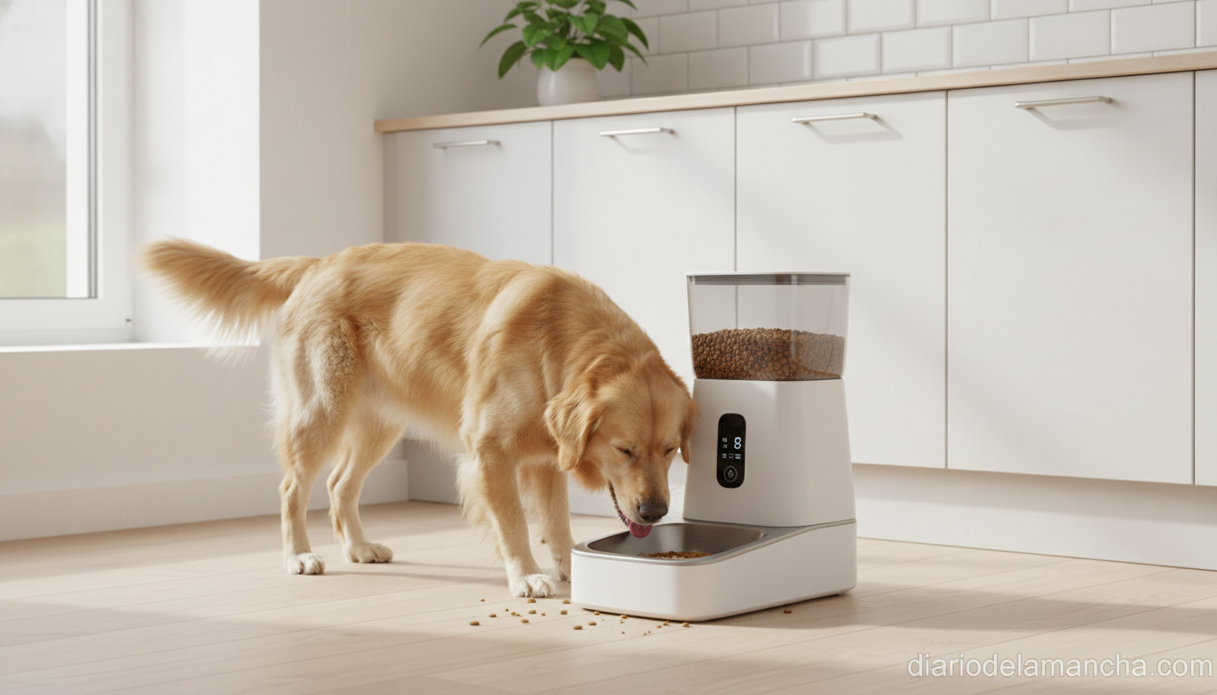 El comedero automático que tu mascota merece 1 Perro comiendo de un comedero automático inteligente en la cocina