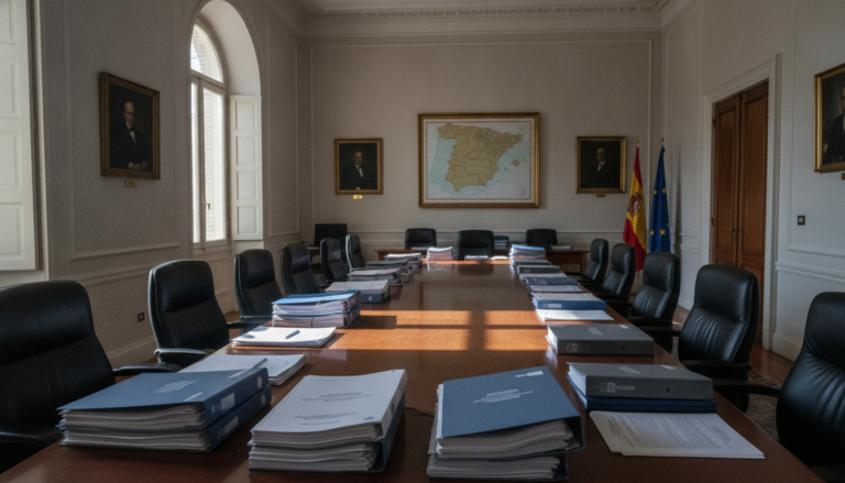Fotografia periodistica realista de una sala de reuniones institucional en un edificio de la administracion educativa en E...