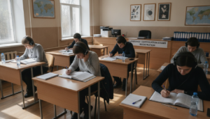 Classroom scene at a language school, adults studying with textbooks and headphones for language certification exams, empt...