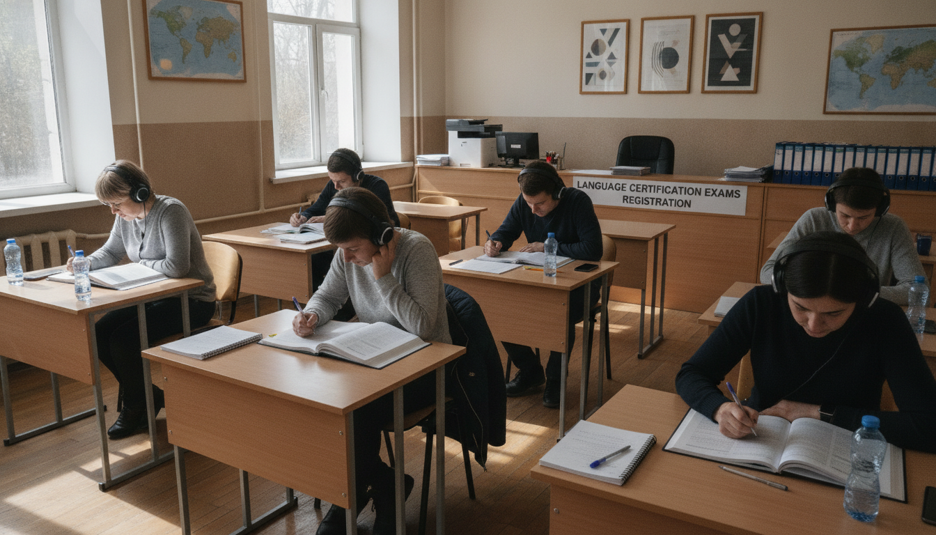 Classroom scene at a language school, adults studying with textbooks and headphones for language certification exams, empt...