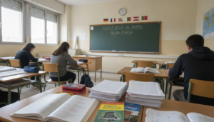 Fotografía periodística realista de un aula de Escuela Oficial de Idiomas en España, pizarra con banderas pequeñas de dist...