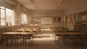 Fotografía periodística realista de un aula de educación primaria vacía en verano en España, pupitres ordenados, luz natur...