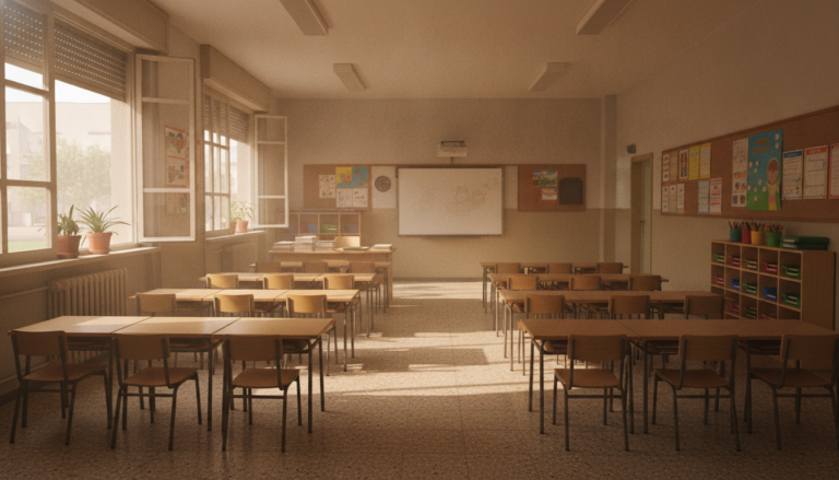 Fotografía periodística realista de un aula de educación primaria vacía en verano en España, pupitres ordenados, luz natur...