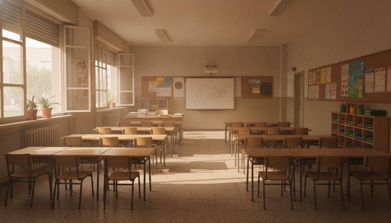 Fotografía periodística realista de un aula de educación primaria vacía en verano en España, pupitres ordenados, luz natur...