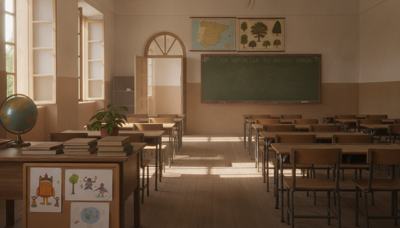 Fotografía periodística realista de un aula de un colegio rural en España, vacía, luz natural de verano entrando por las v...