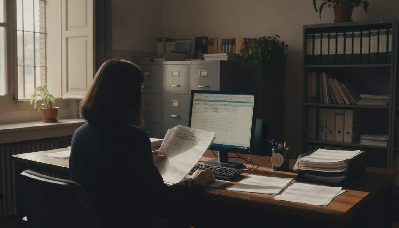 Fotografia periodistica realista de una oficina de administracion educativa: una funcionaria consulta listados impresos y ...