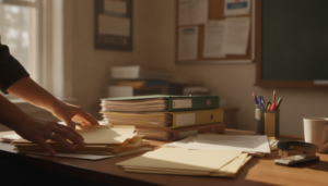 Realistic photojournalistic image of a teacher's hands organizing paperwork and folders on a desk in a school administrati...