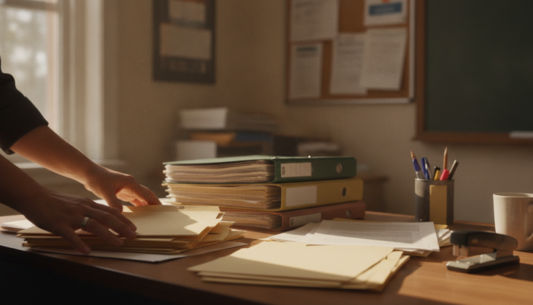 Realistic photojournalistic image of a teacher's hands organizing paperwork and folders on a desk in a school administrati...