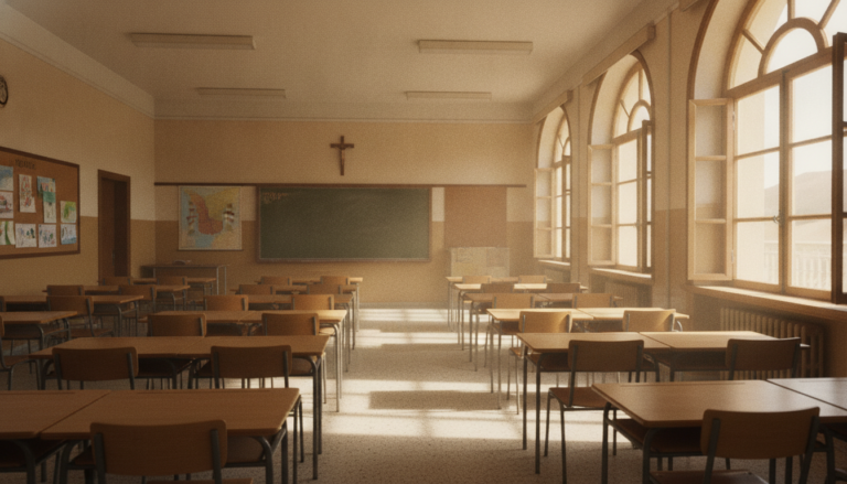 Fotografia periodistica realista de un aula de colegio vacia en verano, pupitres ordenados, luz natural entrando por venta...