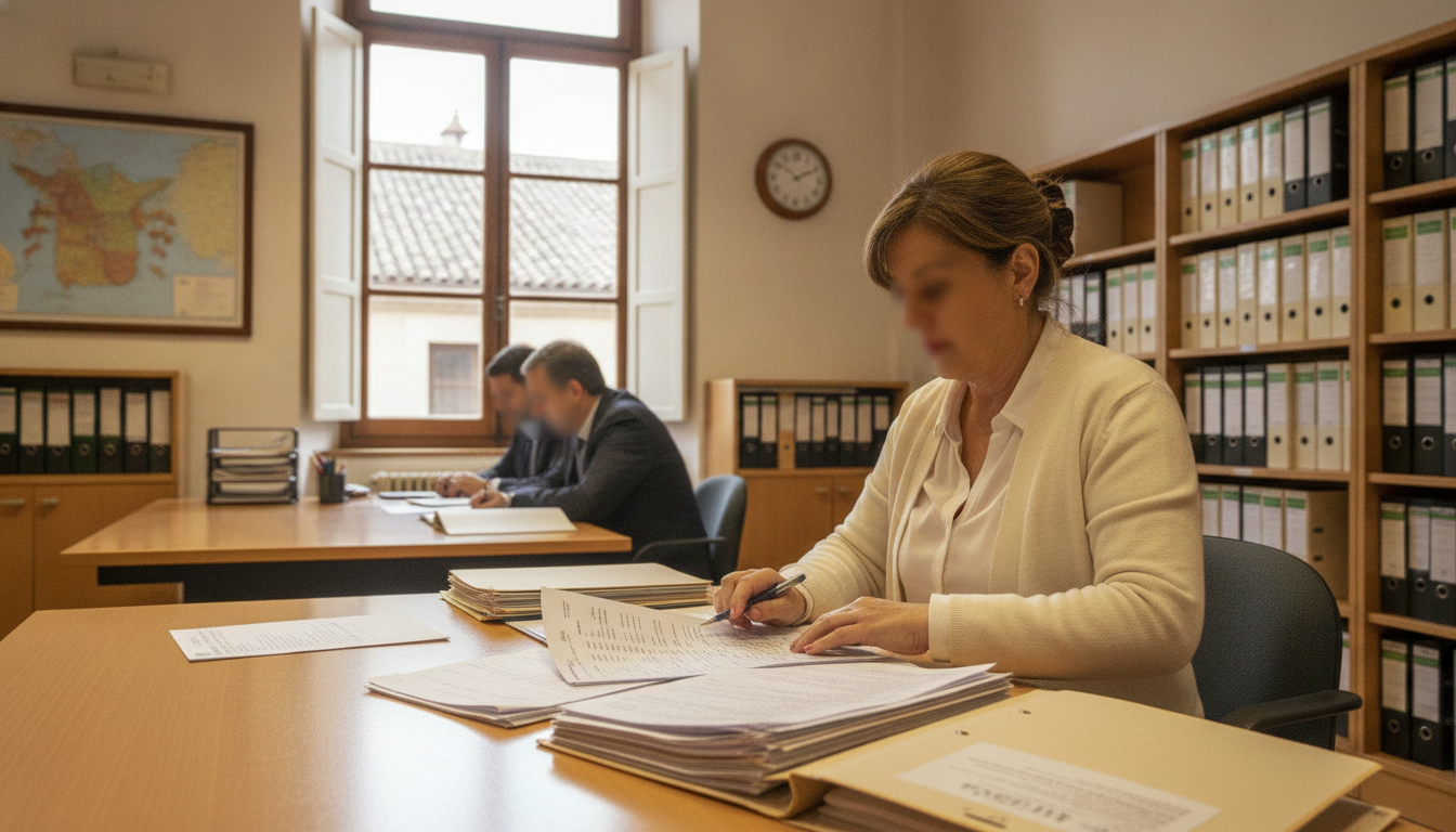 Fotografia periodistica realista de una oficina de administracion educativa en Espana, funcionaria revisando listados y do...