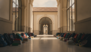 Fotografía periodística realista de una residencia escolar española en verano, edificio institucional con fachada clara, p...