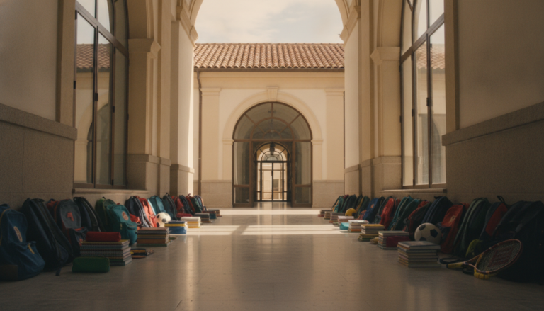Fotografía periodística realista de una residencia escolar española en verano, edificio institucional con fachada clara, p...