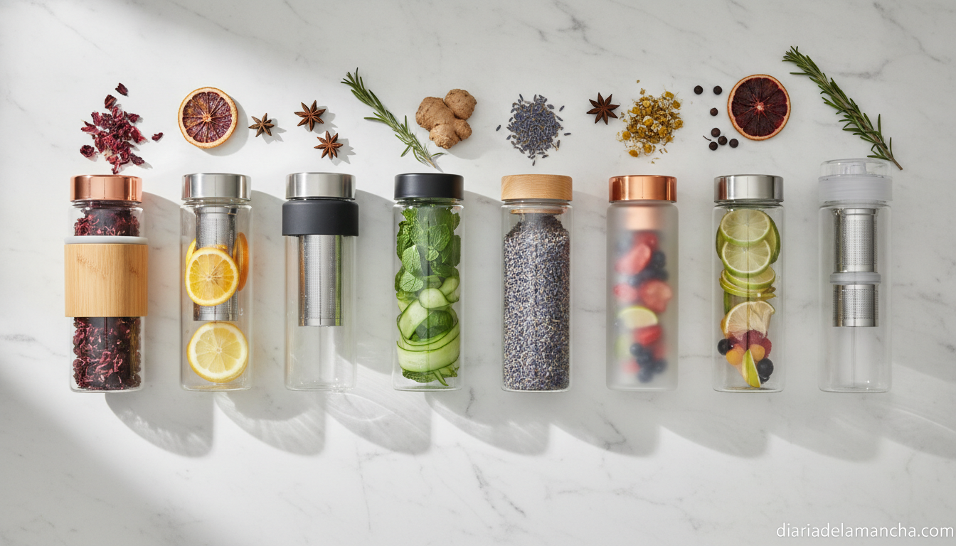 Varias botellas infusoras comparadas sobre una encimera
