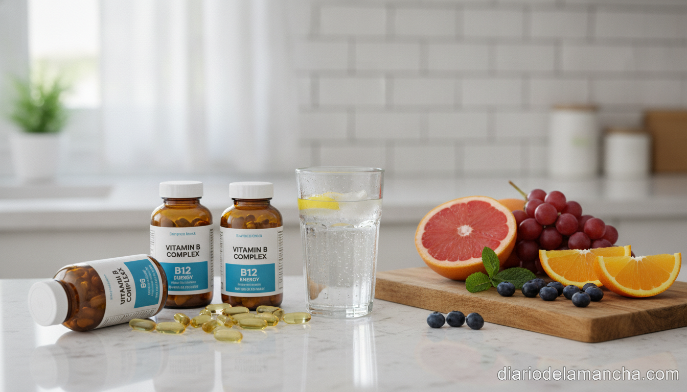 Botes de suplementos de complejo de vitamina B sobre una encimera