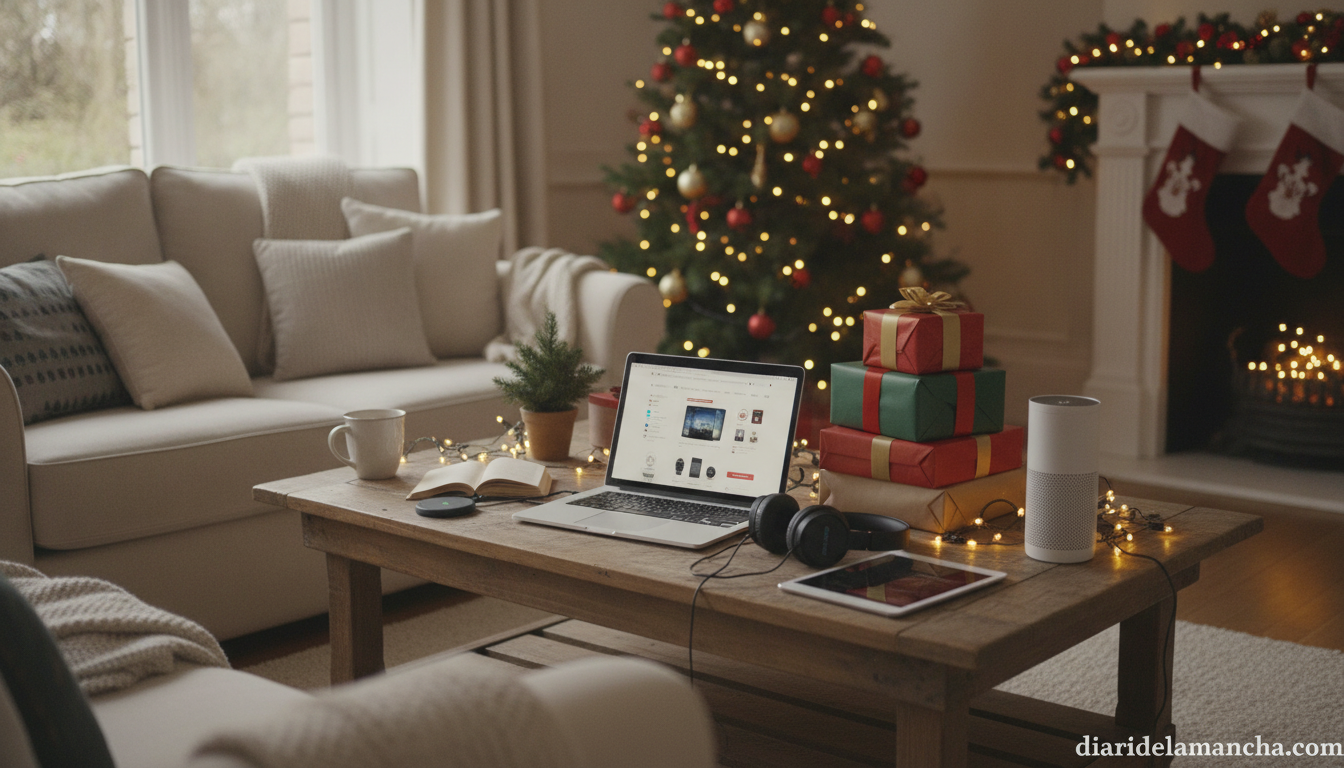 Regalos y compras navideñas en Amazon con tecnología y decoración