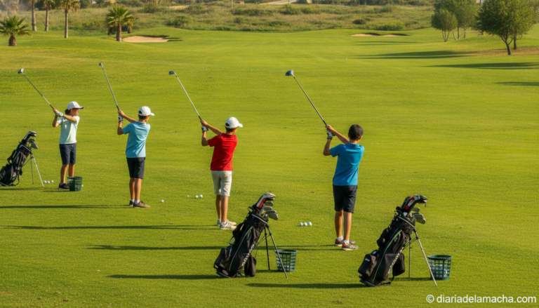 Photojournalistic realistic photo of young golf players practicing on a golf course driving range in Spain, junior golfers...