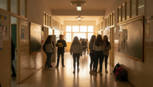 Fotografia periodistica realista de un instituto de secundaria en Espana, pasillo con aulas, ambiente institucional de vue...