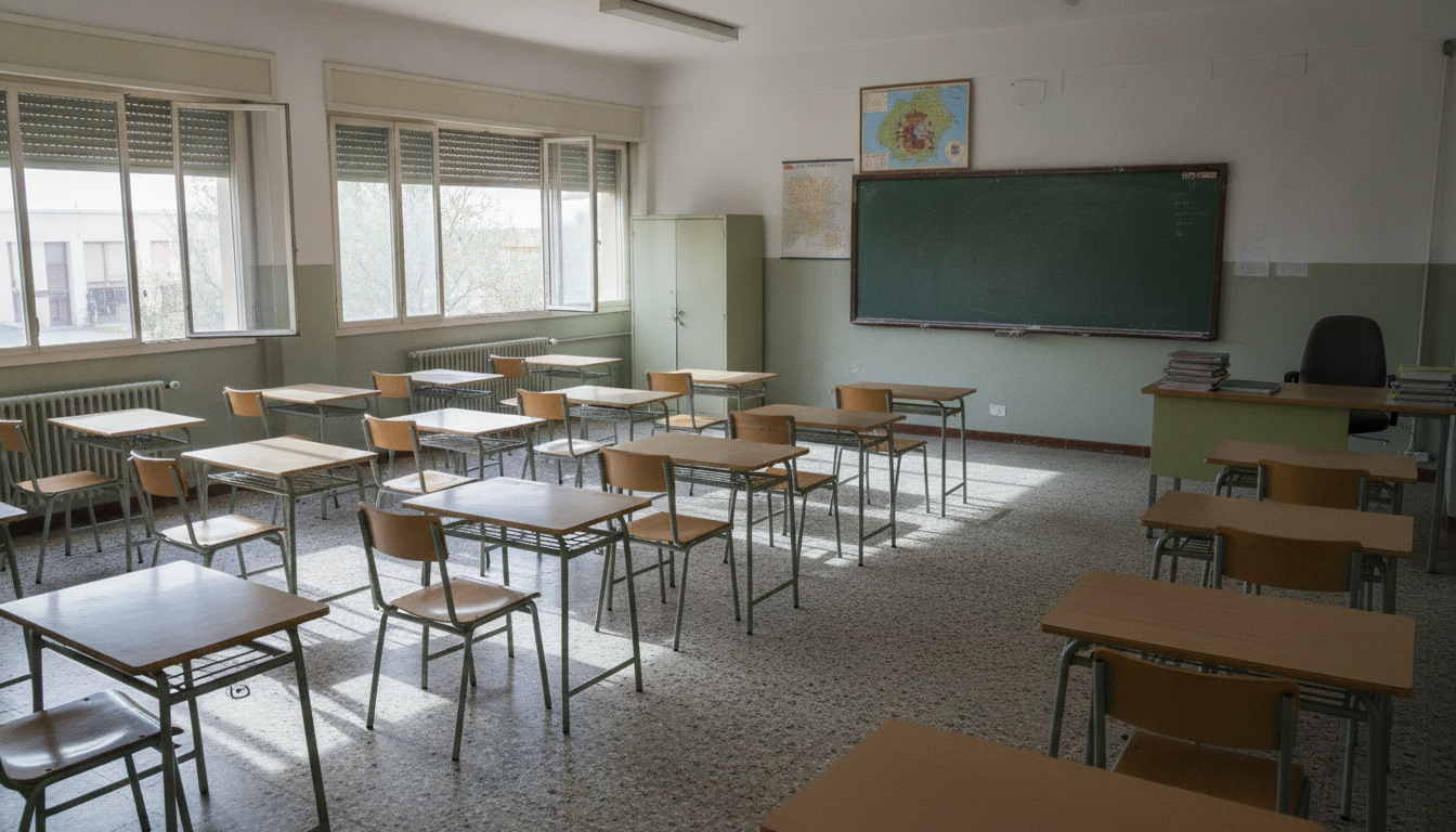 Fotografia periodistica realista de un aula de colegio publico espanol vacia en verano, pupitres ordenados, luz natural en...