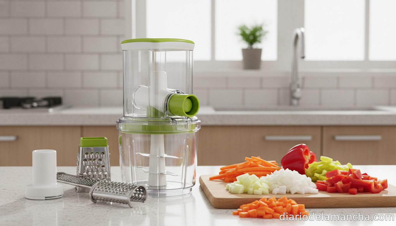 Cortador de verduras multifunción 9 en 1 con verduras cortadas en la encimera