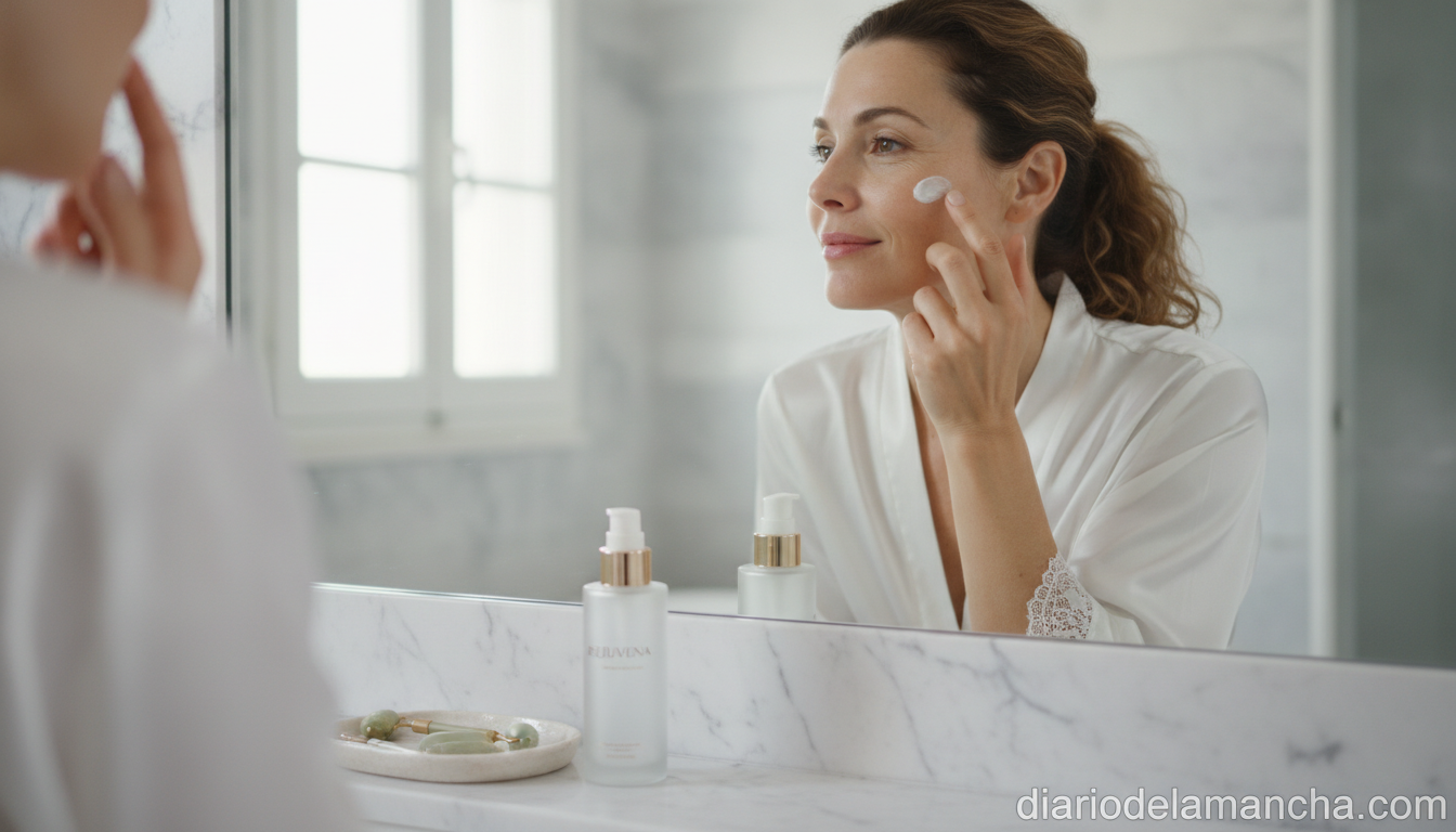 Mujer aplicandose crema antiedad y antimanchas frente al espejo