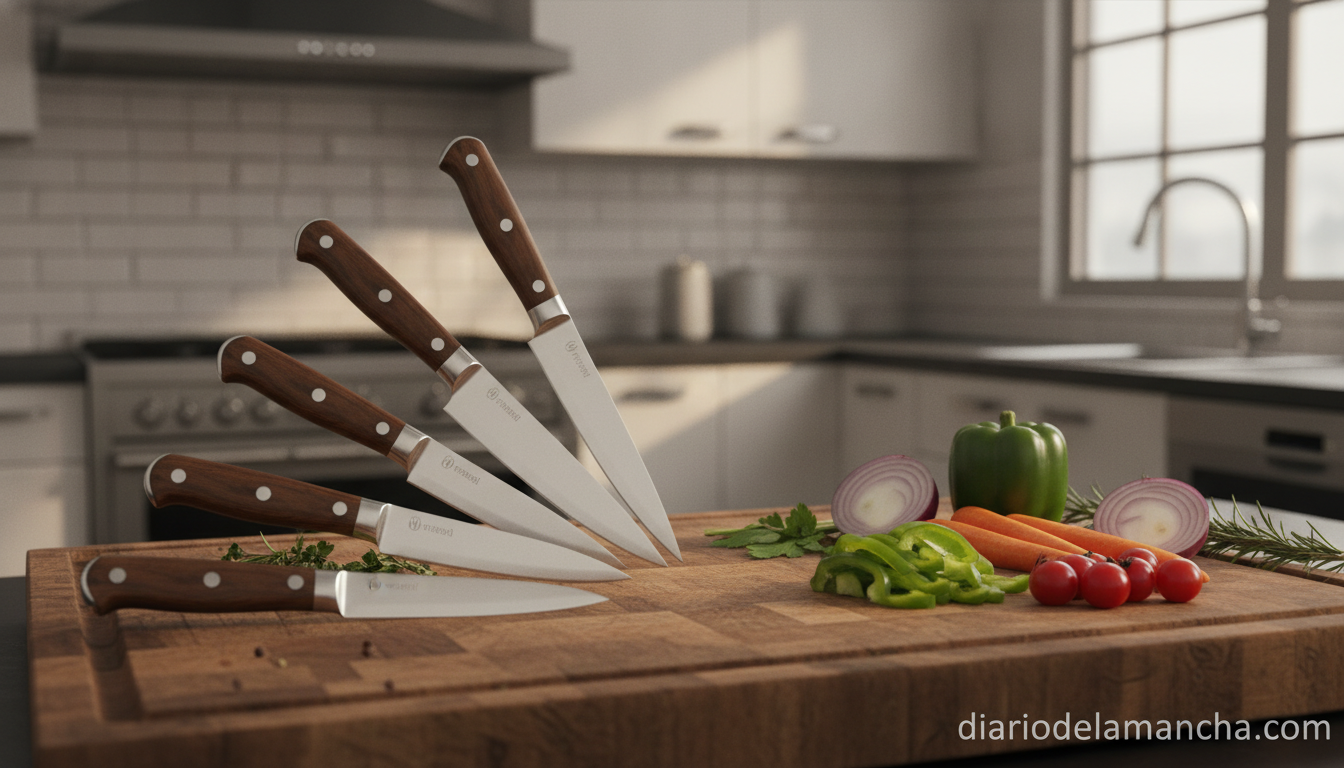 Set de cuchillos de cocina profesionales sobre tabla de madera