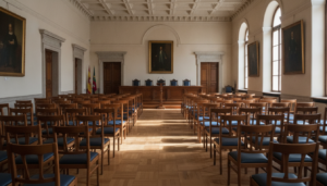 Realistic photojournalistic image of an empty assembly hall in a Spanish provincial government administrative building, ro...