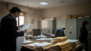Fotografía periodística realista de una oficina administrativa de una delegación provincial de educación en España, funcio...
