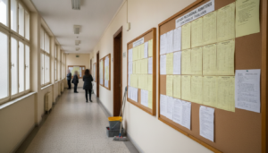 Fotografia periodistica realista de un pasillo de una delegacion provincial de educacion en Espana con tablon de anuncios ...